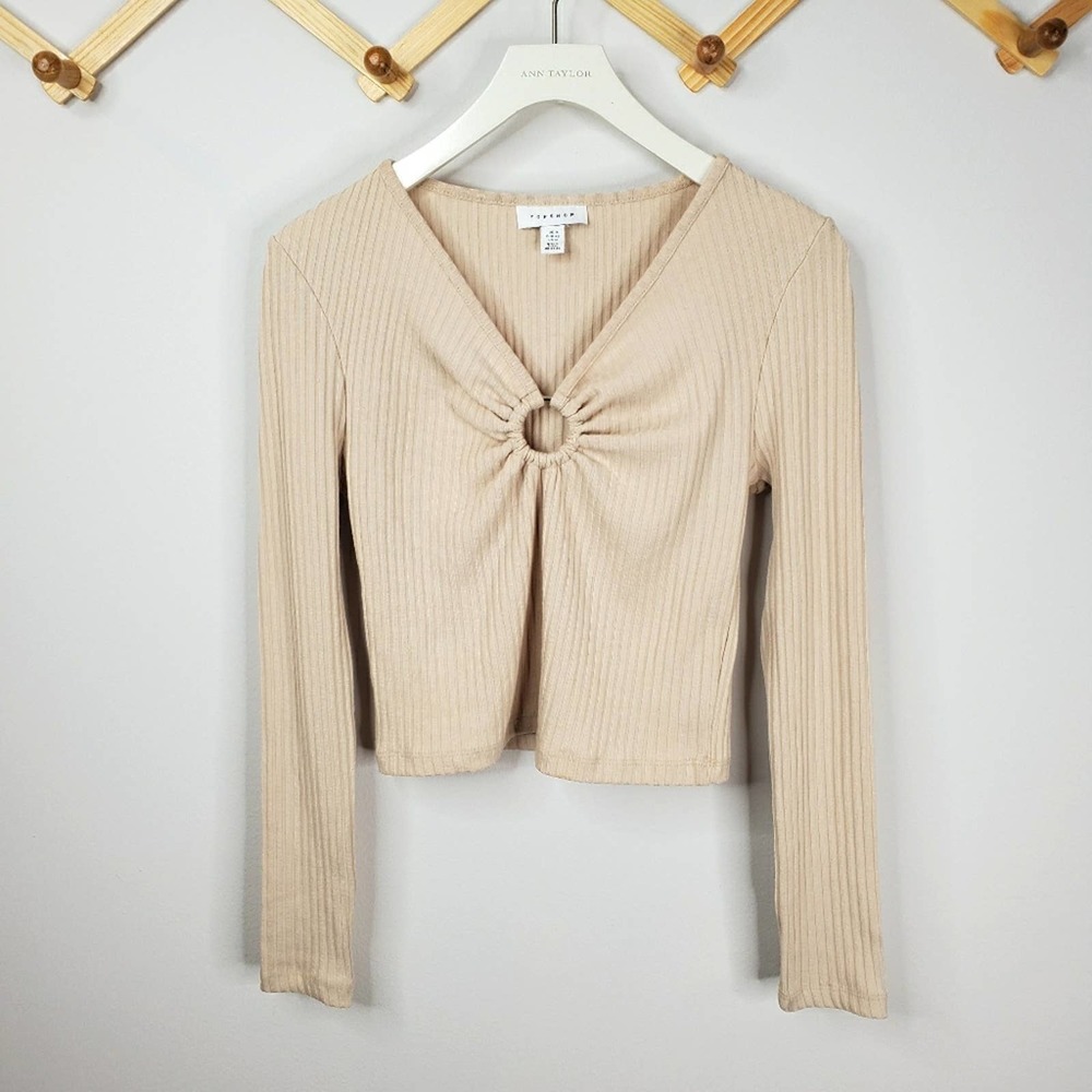 topshop ribbed cropped sweater o ring tan US10
